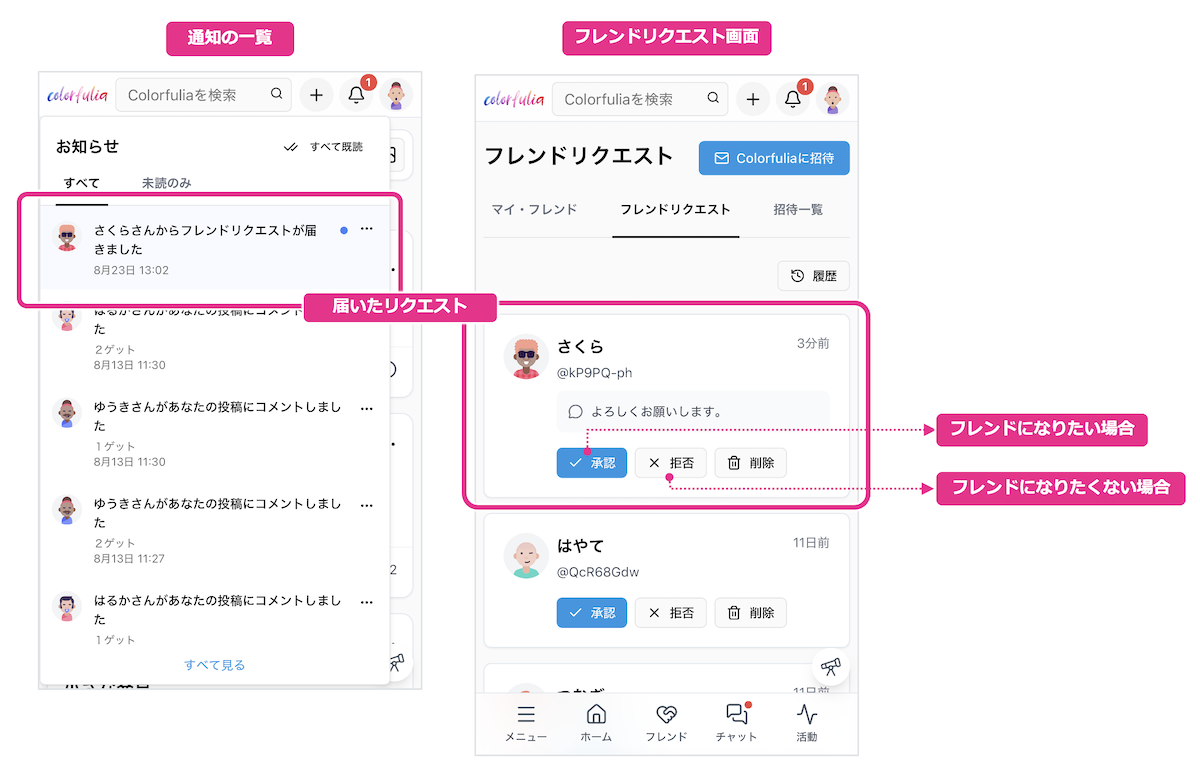 フレンドリクエスト画面で承認／拒否できる様子